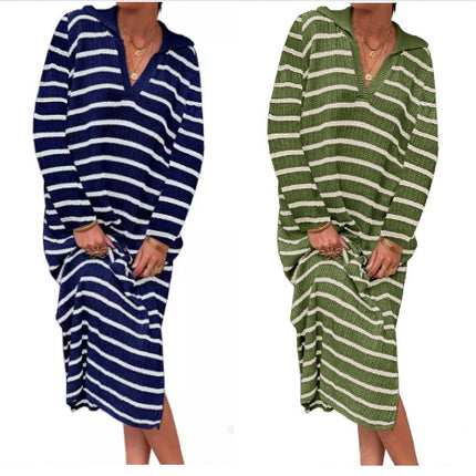 Women's Long Sleeve Striped Sweater Dress V Neck Collared Slit Casual Knit Maxi Dresses