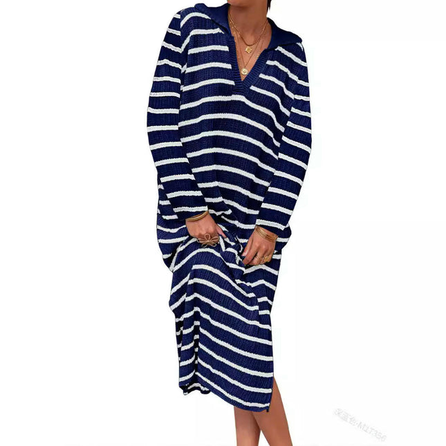 Women's Long Sleeve Striped Sweater Dress V Neck Collared Slit Casual Knit Maxi Dresses