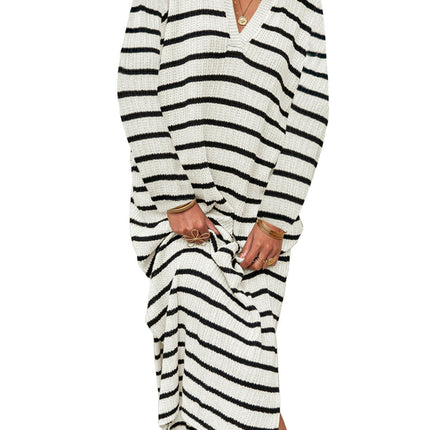 Women's Long Sleeve Striped Sweater Dress V Neck Collared Slit Casual Knit Maxi Dresses