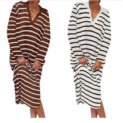 Women's Long Sleeve Striped Sweater Dress V Neck Collared Slit Casual Knit Maxi Dresses