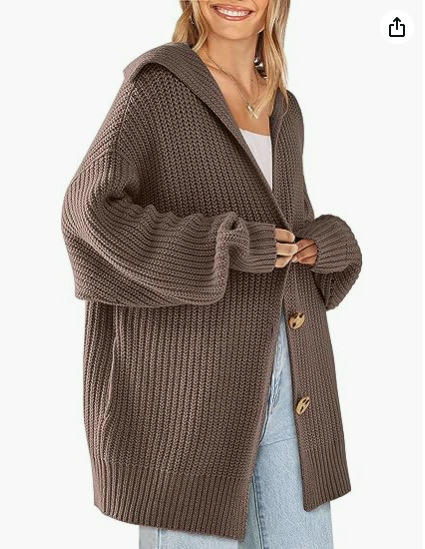 Women's Solid Color Large Lapel Knitted Cardigan Button Mid-length Pocket Coat