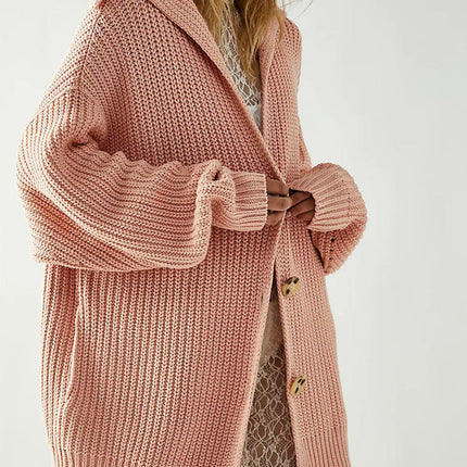 Women's Solid Color Large Lapel Knitted Cardigan Button Mid-length Pocket Coat