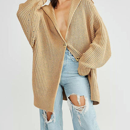 Women's Solid Color Large Lapel Knitted Cardigan Button Mid-length Pocket Coat