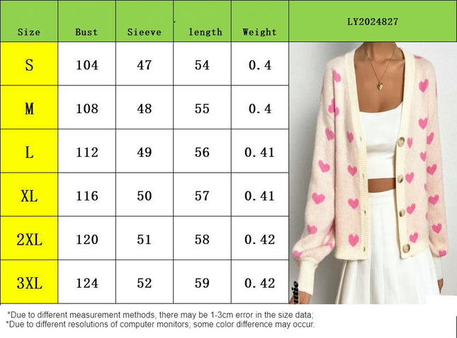 Women's Long Sleeve Love Print Button Front V Neck Knit Sweater Cardigan