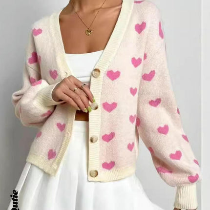 Women's Long Sleeve Love Print Button Front V Neck Knit Sweater Cardigan