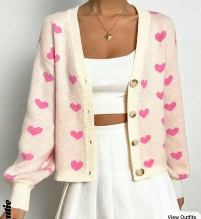 Women's Long Sleeve Love Print Button Front V Neck Knit Sweater Cardigan
