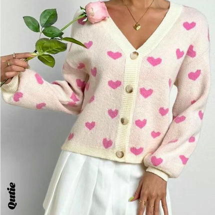 Women's Long Sleeve Love Print Button Front V Neck Knit Sweater Cardigan