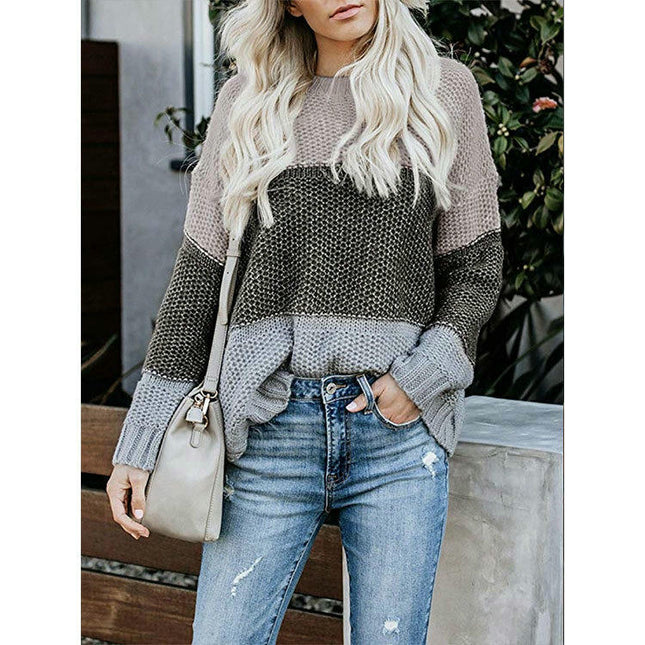 Womens Long Sleeve Colorblock Knitted Sweater Ribbed Crew Neck Pullover Cardigan