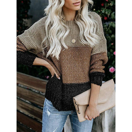 Womens Long Sleeve Colorblock Knitted Sweater Ribbed Crew Neck Pullover Cardigan
