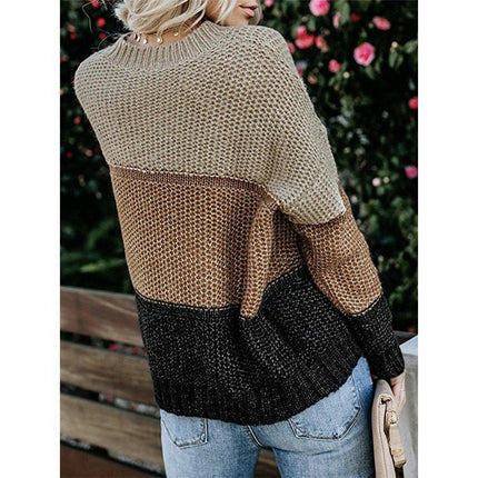Womens Long Sleeve Colorblock Knitted Sweater Ribbed Crew Neck Pullover Cardigan