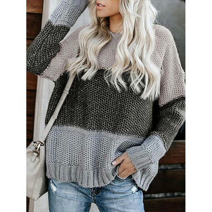 Womens Long Sleeve Colorblock Knitted Sweater Ribbed Crew Neck Pullover Cardigan