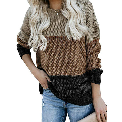 Womens Long Sleeve Colorblock Knitted Sweater Ribbed Crew Neck Pullover Cardigan