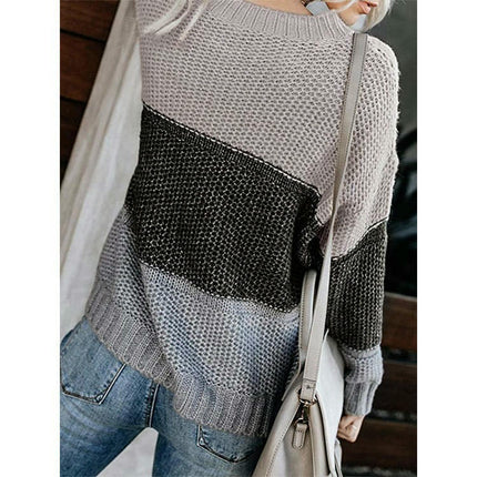 Womens Long Sleeve Colorblock Knitted Sweater Ribbed Crew Neck Pullover Cardigan