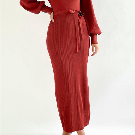 Women's Long Sleeve Knitted Dress Slim Fit Deep V Neck Lace-up Sweater Dress