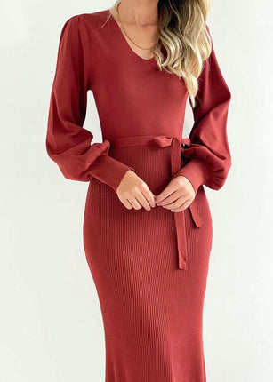 Women's Long Sleeve Knitted Dress Slim Fit Deep V Neck Lace-up Sweater Dress