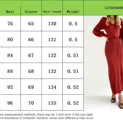Women's Long Sleeve Knitted Dress Slim Fit Deep V Neck Lace-up Sweater Dress