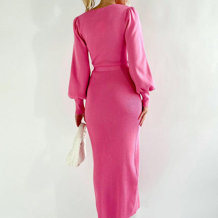 Women's Long Sleeve Knitted Dress Slim Fit Deep V Neck Lace-up Sweater Dress