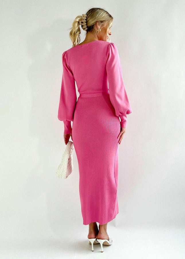 Women's Long Sleeve Knitted Dress Slim Fit Deep V Neck Lace-up Sweater Dress