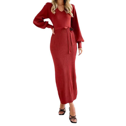 Women's Long Sleeve Knitted Dress Slim Fit Deep V Neck Lace-up Sweater Dress
