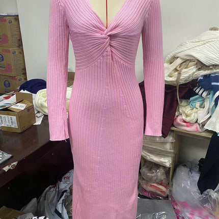 Dress V Neck Sweater for Women,Long Tight Pleated Sweater Dress,Knit wrap Dress