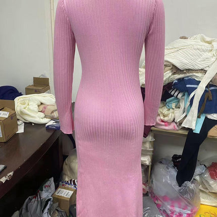 Dress V Neck Sweater for Women,Long Tight Pleated Sweater Dress,Knit wrap Dress