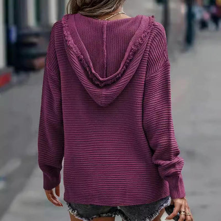 Women's Fashion Pullover Hoodie V-Neck Raw Edge Long Sleeve Knit Top