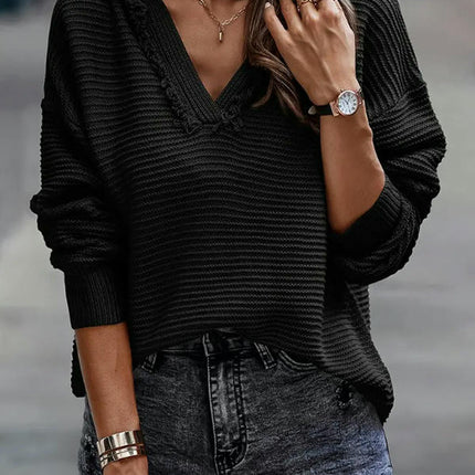 Women's Fashion Pullover Hoodie V-Neck Raw Edge Long Sleeve Knit Top