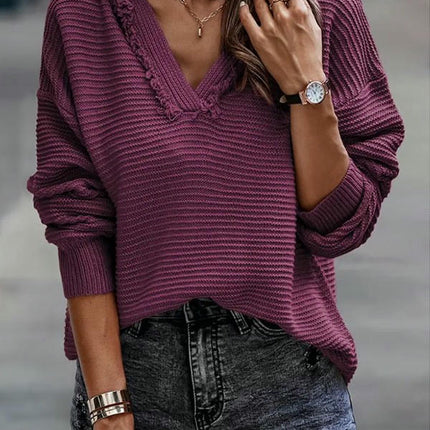 Women's Fashion Pullover Hoodie V-Neck Raw Edge Long Sleeve Knit Top