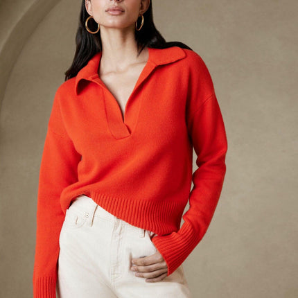 Women Fall V Neck Sweater Polo Long Sleeve Shirt Casual Pullover Sweaters