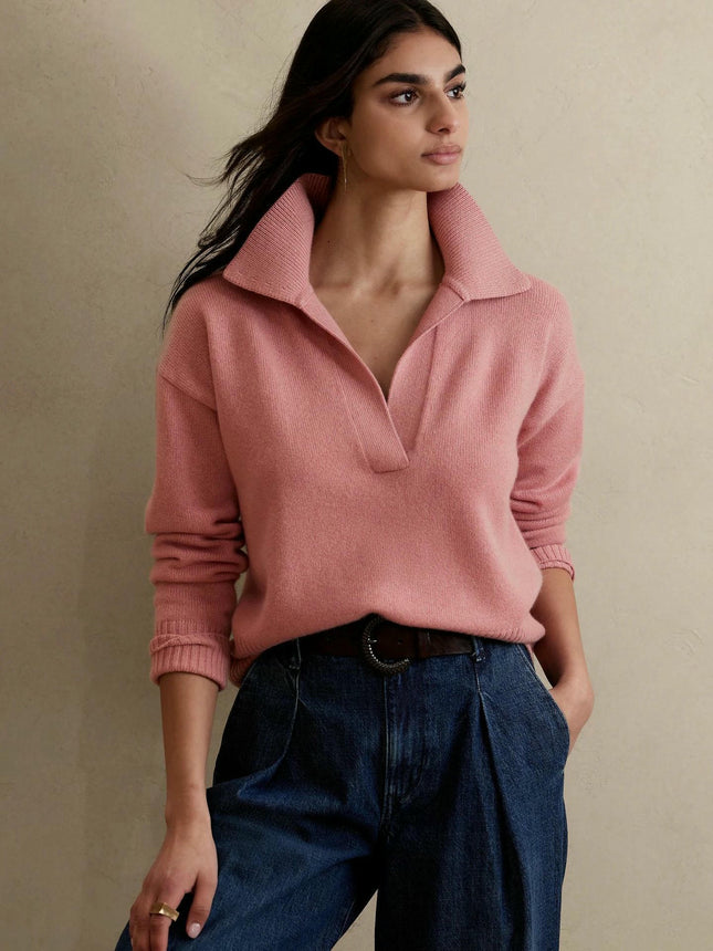 Women Fall V Neck Sweater Polo Long Sleeve Shirt Casual Pullover Sweaters