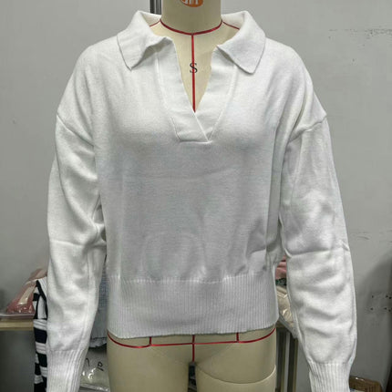 Women Fall V Neck Sweater Polo Long Sleeve Shirt Casual Pullover Sweaters