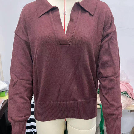 Women Fall V Neck Sweater Polo Long Sleeve Shirt Casual Pullover Sweaters