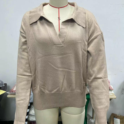 Women Fall V Neck Sweater Polo Long Sleeve Shirt Casual Pullover Sweaters