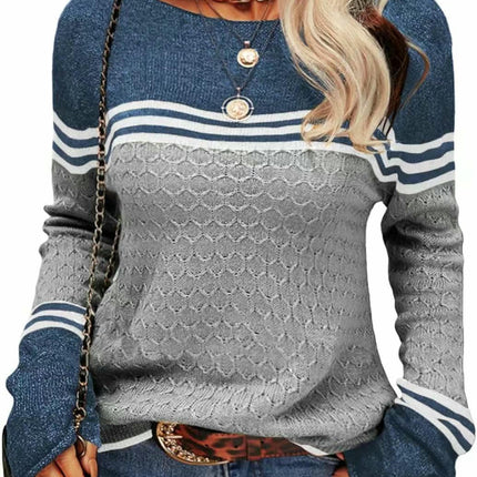 Women Colorblock Pullover Sweaters Round Neck Striped Slim Fitting Knitwear Tops