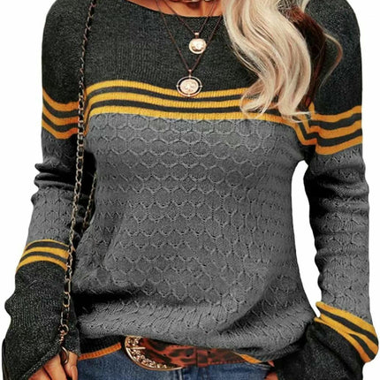 Women Colorblock Pullover Sweaters Round Neck Striped Slim Fitting Knitwear Tops