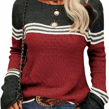Women Colorblock Pullover Sweaters Round Neck Striped Slim Fitting Knitwear Tops