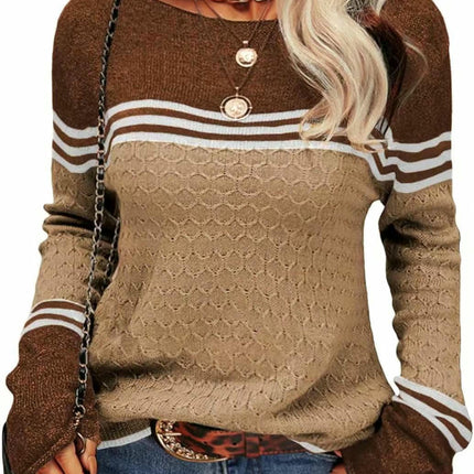 Women Colorblock Pullover Sweaters Round Neck Striped Slim Fitting Knitwear Tops