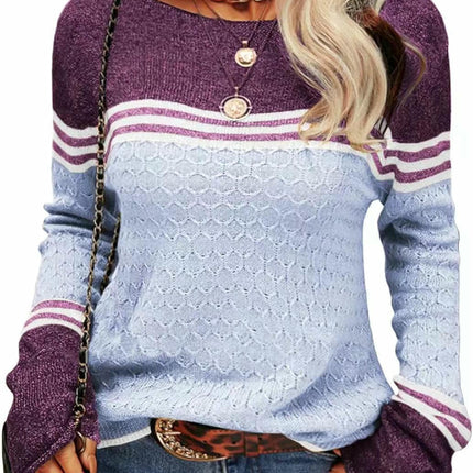 Women Colorblock Pullover Sweaters Round Neck Striped Slim Fitting Knitwear Tops 1