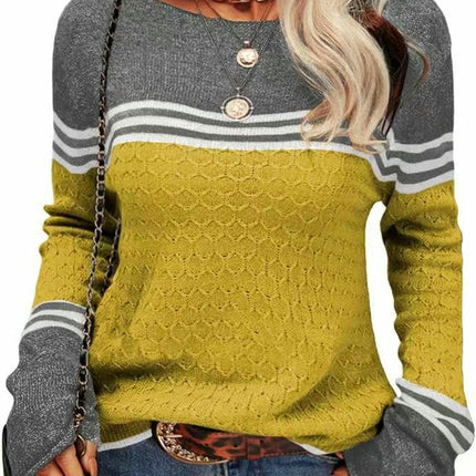 Women Colorblock Pullover Sweaters Round Neck Striped Slim Fitting Knitwear Tops 1