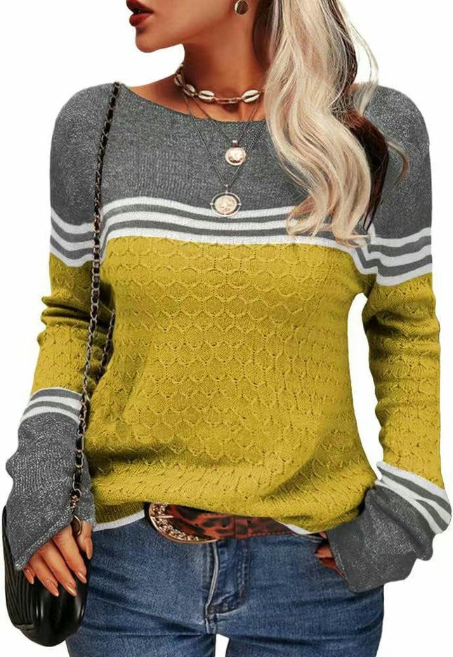 Women Colorblock Pullover Sweaters Round Neck Striped Slim Fitting Knitwear Tops 1