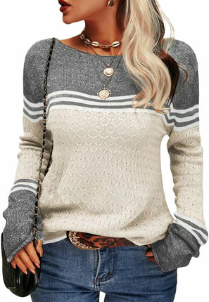 Women Colorblock Pullover Sweaters Round Neck Striped Slim Fitting Knitwear Tops 1