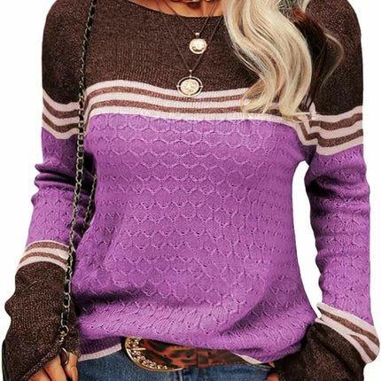 Women Colorblock Pullover Sweaters Round Neck Striped Slim Fitting Knitwear Tops
