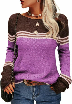 Women Colorblock Pullover Sweaters Round Neck Striped Slim Fitting Knitwear Tops