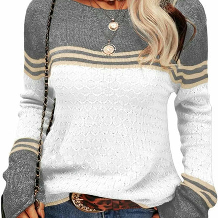 Women Colorblock Pullover Sweaters Round Neck Striped Slim Fitting Knitwear Tops