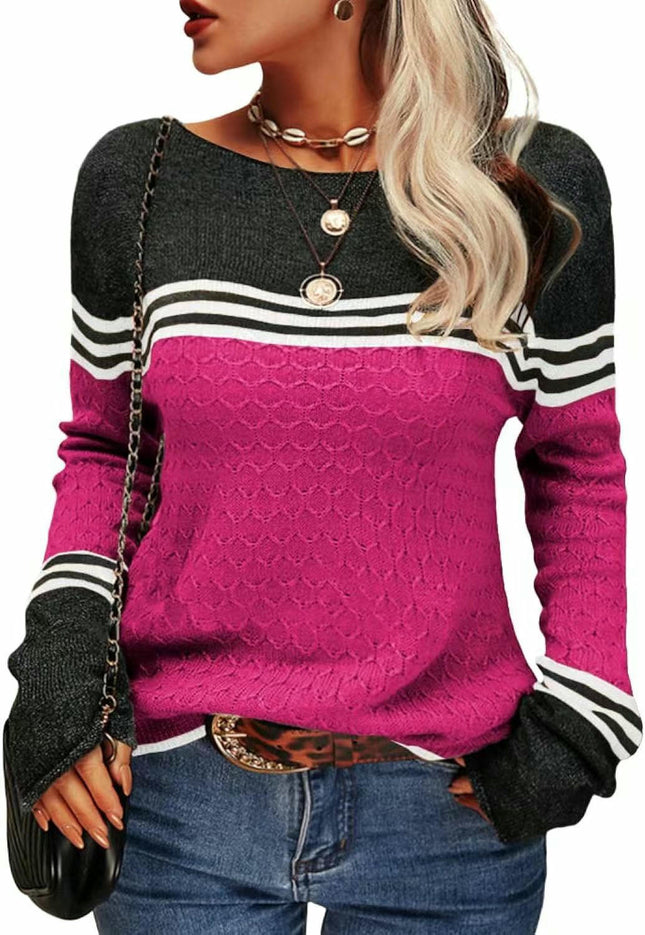 Women Colorblock Pullover Sweaters Round Neck Striped Slim Fitting Knitwear Tops