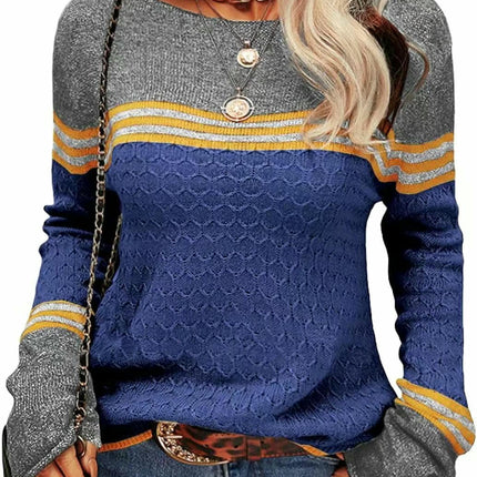 Women Colorblock Pullover Sweaters Round Neck Striped Slim Fitting Knitwear Tops