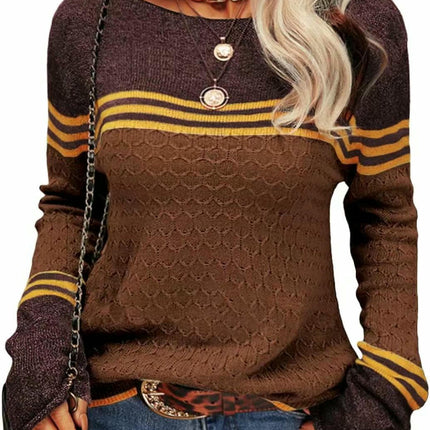 Women Colorblock Pullover Sweaters Round Neck Striped Slim Fitting Knitwear Tops