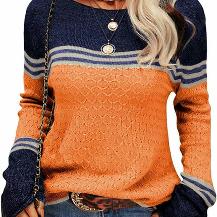 Women Colorblock Pullover Sweaters Round Neck Striped Slim Fitting Knitwear Tops