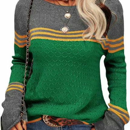 Women Colorblock Pullover Sweaters Round Neck Striped Slim Fitting Knitwear Tops