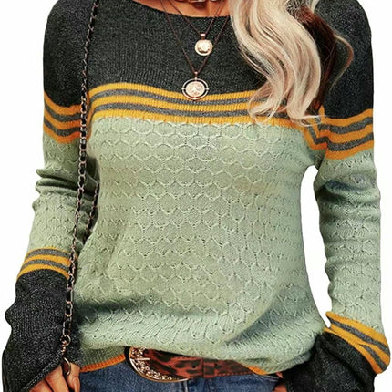 Women Colorblock Pullover Sweaters Round Neck Striped Slim Fitting Knitwear Tops